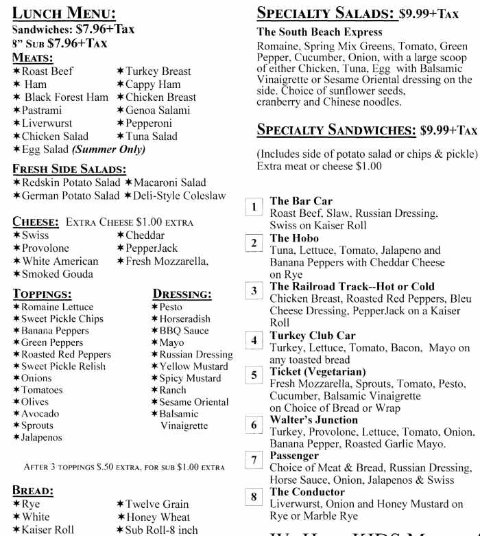 Page 1 of menu, Depot Deli Cooperstown, NY